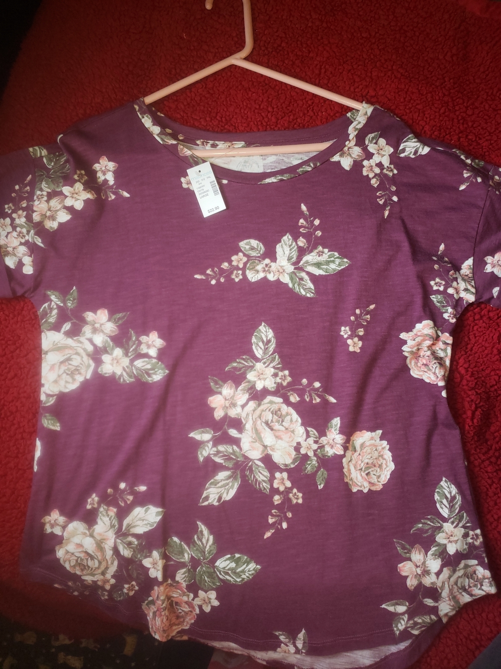 Maurices Plum Floral Short-Sleeve Tee with Cream Roses